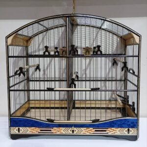 Gaiola artesanal premium Safira Bicolor para Coleiro, com base azul e marchetaria